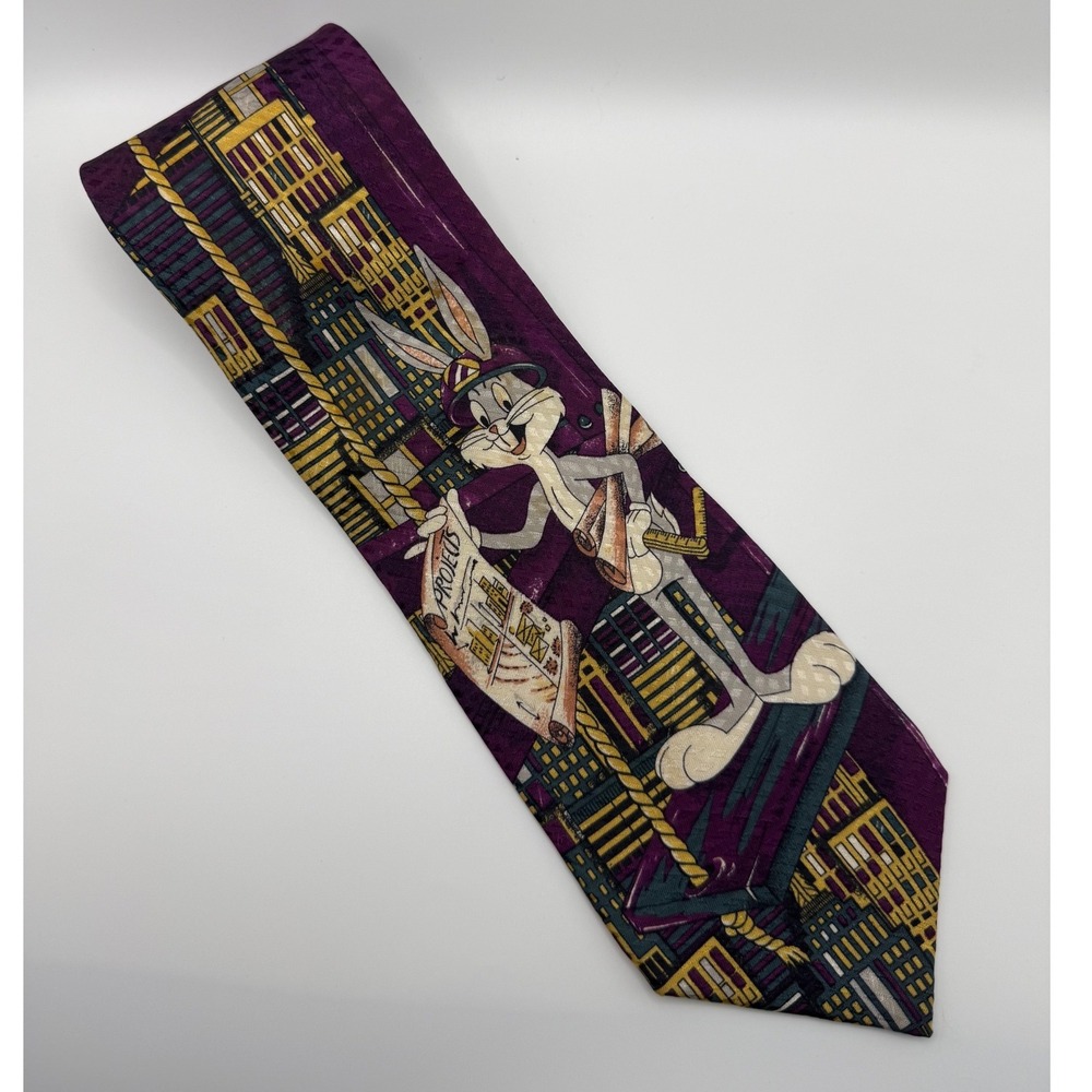 Looney Tunes Silk Tie OS Bugs Bunny Architect 1992 Vintage Purple 90s Cartoon